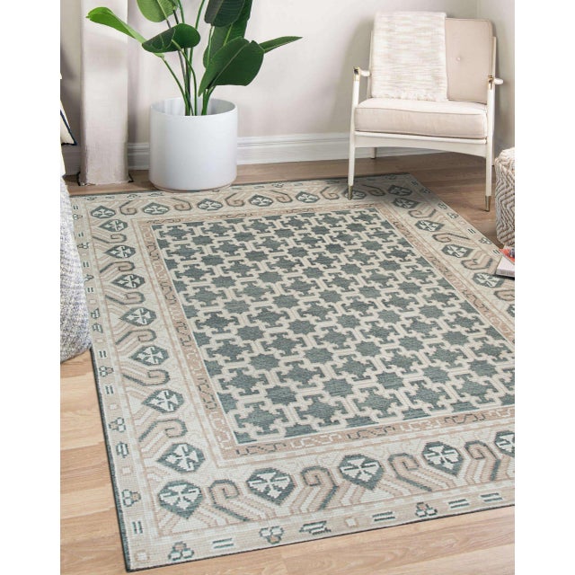 6x9 Luxurious Oriental Green Traditional Geometric Hand Knotted Wool Carpet Rug For Sale In New York - Image 6 of 7