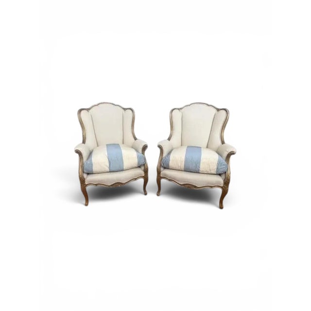Pair of Early 20th Century Louis XV–Style Wingback Bergère Chairs With Gilt Frames For Sale In Boston - Image 6 of 17