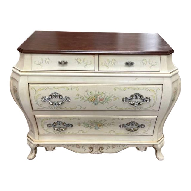Late 20th Century White Bombay Style Chest of Drawers Dresser, Floral Print, Finished Woodgrain Top, 4 Drawers, Carved For Sale