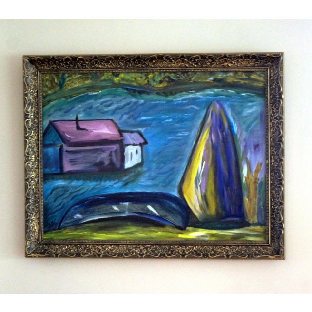 1980s Colette Calilhanna "Purple Village" Expressionist Acrylic Framed Painting For Sale In Washington DC - Image 6 of 11