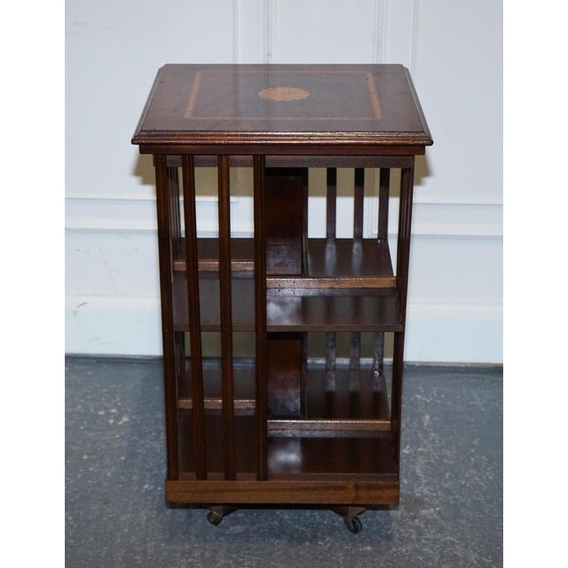 Mid-Centry Sheraton Revival Inlaid Revolving Bookcase End Table on Castors For Sale - Image 10 of 17