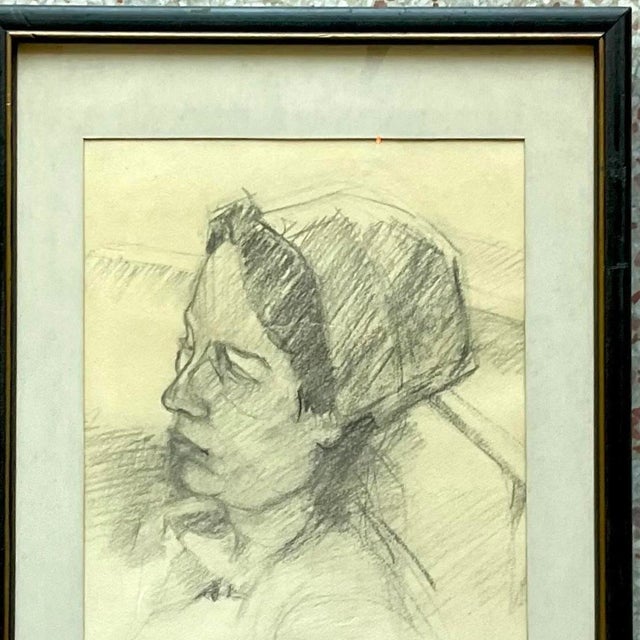 Mid 20th Century Vintage Pencil Sketch of Woman in Hat For Sale - Image 4 of 13