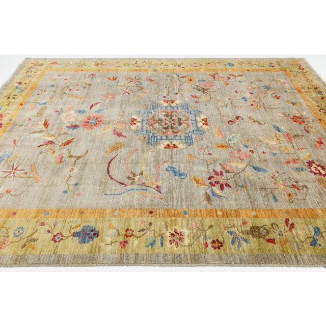 Hand-Knotted Modern Chinese Botanical Wool Area Rug - Slate Grey & Marigold For Sale In New York - Image 6 of 11