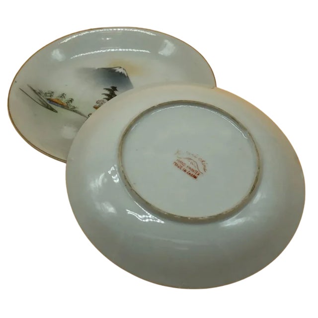 Mid-Century Modern Pair of Vintage Kutani Japan Hand-Painted Porcelain Scenic Dishes For Sale - Image 3 of 3