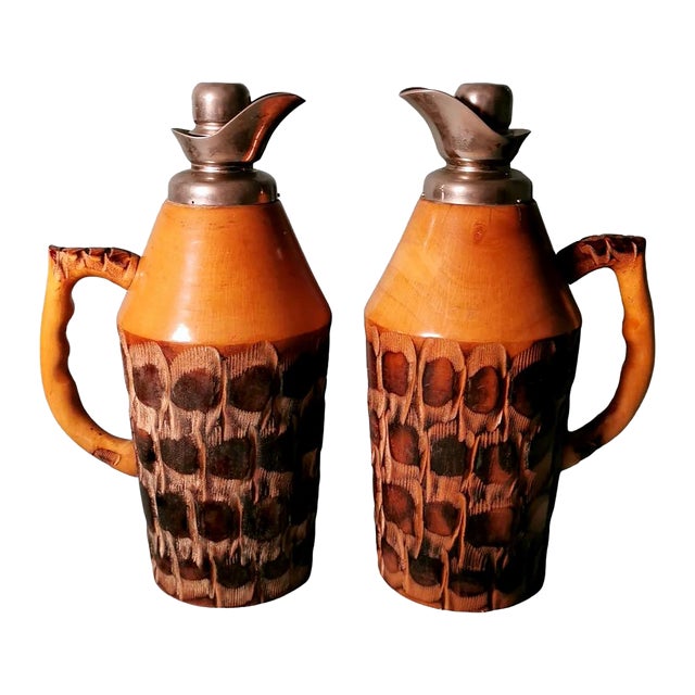 1950s Tura Aldo for Macabo Pair of Italian Thermal Jugs in Bamboo and Metal For Sale