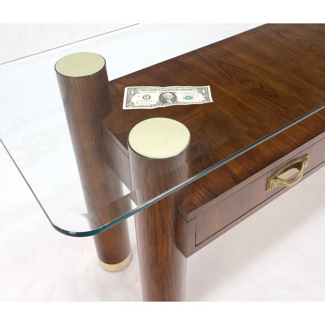 Thomasville Heavy Solid Oak Cylinder Legs Brass Tips Hardware Two Drawers Console Table MINT For Sale - Image 4 of 12