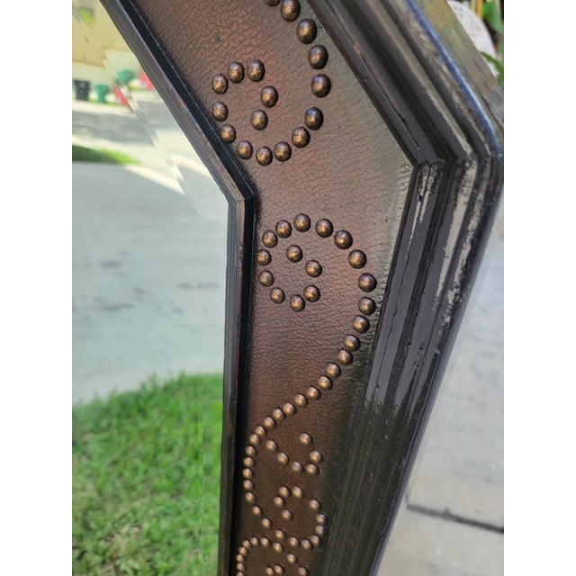 Massive Studded Vintage Octagonal Dark Wood Faux Leather Wall Mirror For Sale - Image 10 of 11