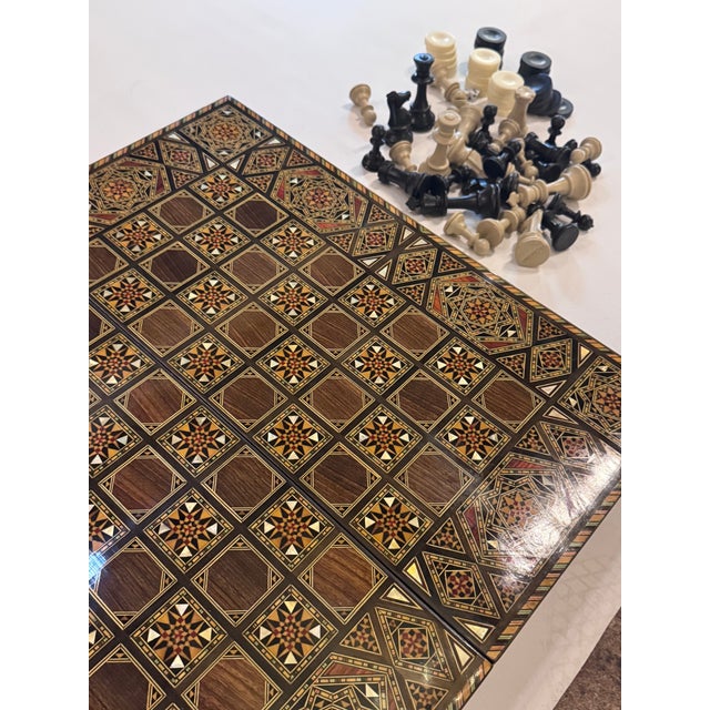 1990s 1990s Marquetry Wood Inlaid Backgammon & Chess Folding Board For Sale - Image 5 of 6