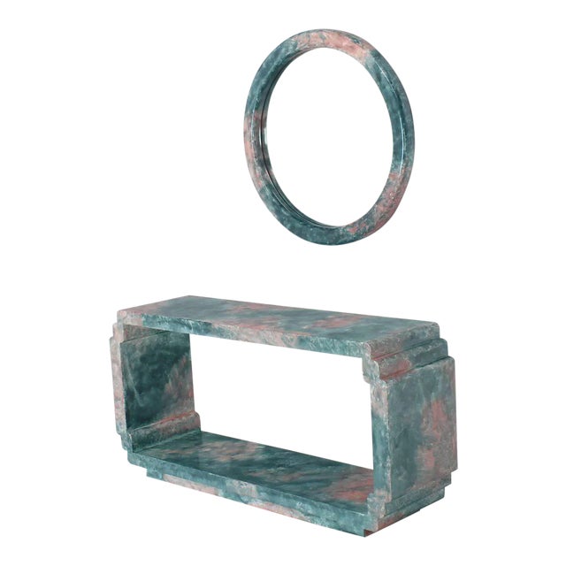 Mid-Century Modern Marbleized Lacquered Finish Faux Marble Mirror and Console Table - 2 Pieces For Sale - Image 11 of 12