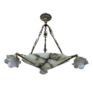 Art Deco French Alabaster and Frosted Glass Four-Light Chandelier, 1920s For Sale