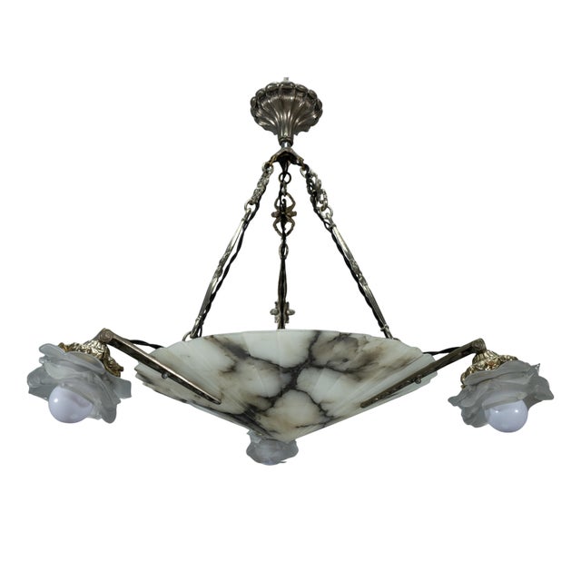 Art Deco French Alabaster and Frosted Glass Four-Light Chandelier, 1920s For Sale
