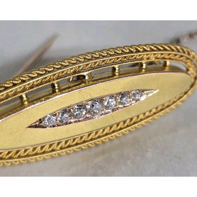 2000 - 2009 Antique Victorian Etruscan 15ct Gold Seven-Stone Mine Cut Diamond Bar Brooch For Sale - Image 5 of 15