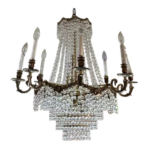 Vintage Patinated Brass and Crystal Chandelier With 16 Lights Attributed to Schonbek