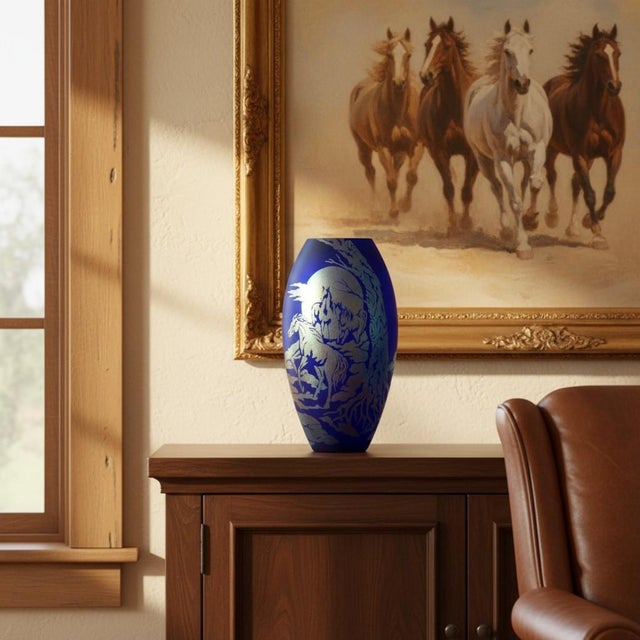 Fenton's 2005 “Wild Horses” oval vase, part of its limited Platinum Collection. Mouth-blown in the USA, this cobalt-blue...