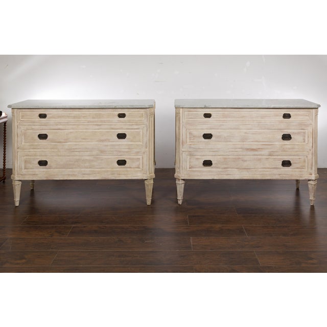 Pair of French Neoclassical Style 1930s Painted Chests with Marble Tops For Sale In Atlanta - Image 6 of 12