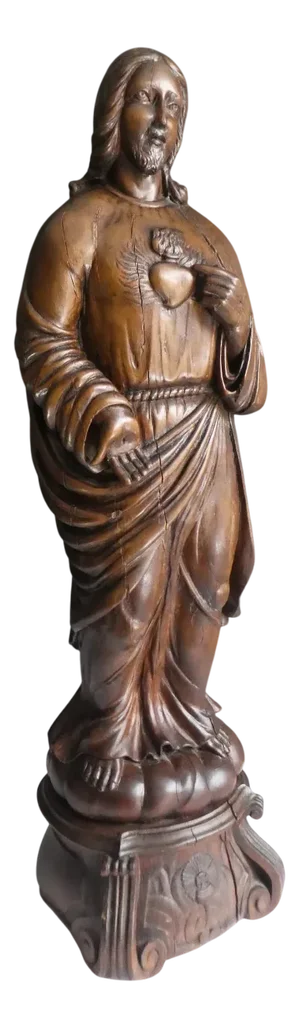 Carved Jesus Sacred Heart Statue, 1800s, Wood