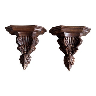 Vintage Carved Wood Corbel Shelf Brackets Pair Acanthus Scroll Architectural Wall For Sale