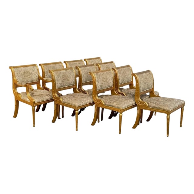 Late 20th Century Neoclassical Regency Style Gold Carved Wood Dining Room Chairs - Set of 10 For Sale