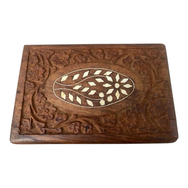 1990s 1990s Hand Carved Teakwood Jewelry Box Vintage Inlaid Wooden Trinket Storage Chest For Sale - Image 5 of 10