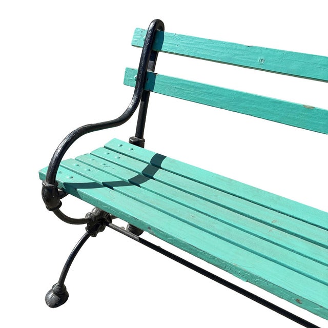 Black Late 19th Century Edwardian Cast Iron & Green Painted Wooden Loop Park Bench With X Legs, Pair For Sale - Image 8 of 9