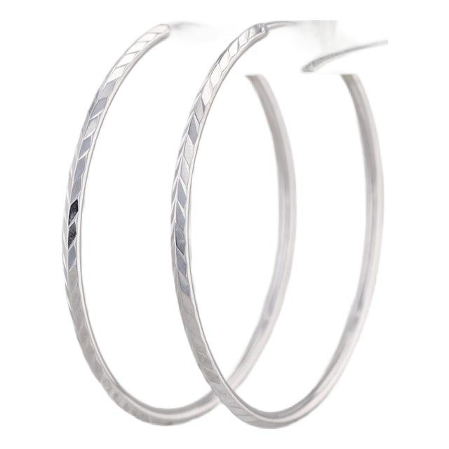 Mid 20th Century Chevron Pattern Hoop Earrings 14k White Gold 47.2 X 2mm Round Hoops, Pair For Sale