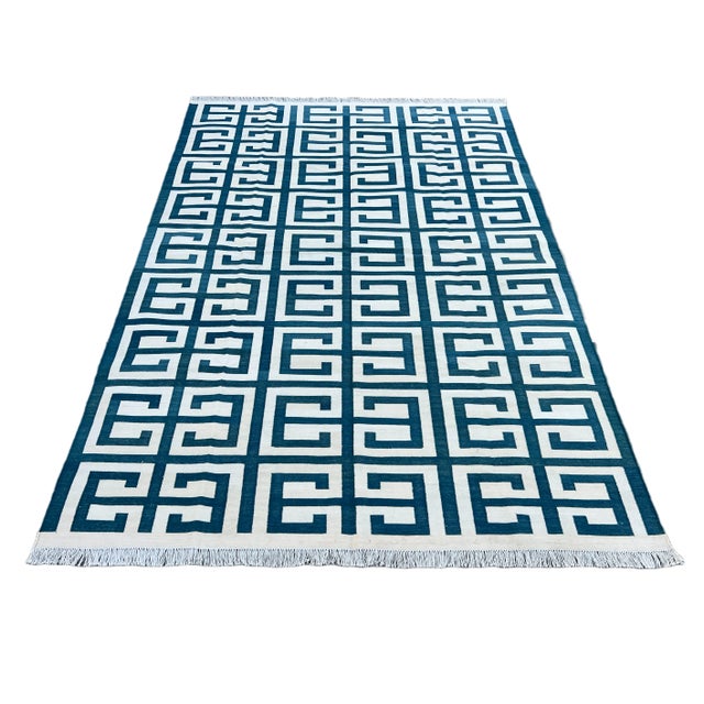 Not Yet Made - Made To Order Handmade Cotton Natural Vegetable Dyed Teal Blue and White Geometric Pattern Rug - 4'x6' For Sale - Image 9 of 11