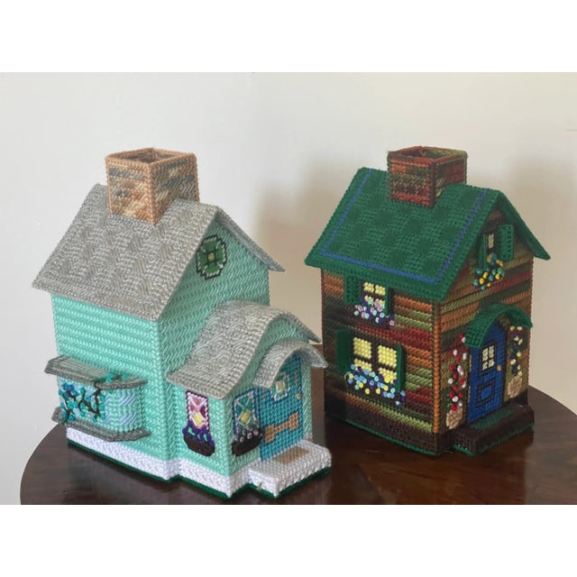 Two one of a kind vintage handmade tissue box covers in a shape of cottages.Original textile art. Priced per piece.