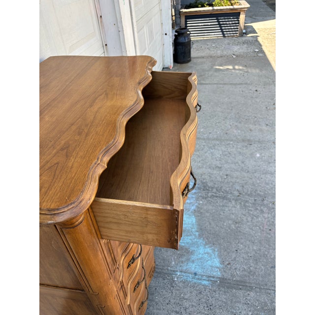 French Provincial Dresser Chest | Louis XV Style Serpentine Dresser | Vintage Wooden Tallboy Chest | Traditional Bedroom Storage Furniture For Sale - Image 9 of 11