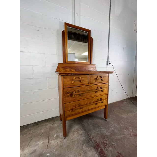 Mid-Century Modern Mid 20th Century Pine Dresser With Beveled Mirror and Sculptural a-Frame Wooden Pulls For Sale - Image 3 of 10