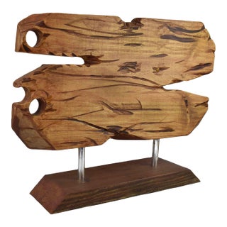 Contemporary Hand-Carved Abstract Wood Sculpture on Metal & Wood Pedestal Base For Sale