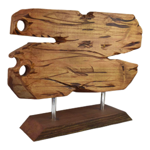 Contemporary Hand-Carved Abstract Wood Sculpture on Metal & Wood Pedestal Base