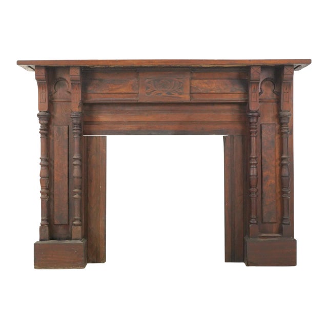 Antique Eastlake Burl Veneer Paneled Wood Fireplace Mantel For Sale