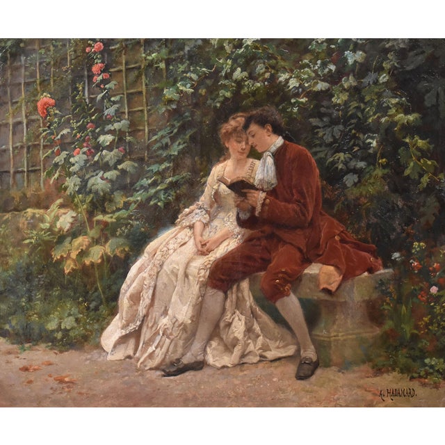 Auguste Hadamard, Young Lady and Gentleman, Gallant Scene, Oil on Canvas, 19th Century For Sale - Image 3 of 11