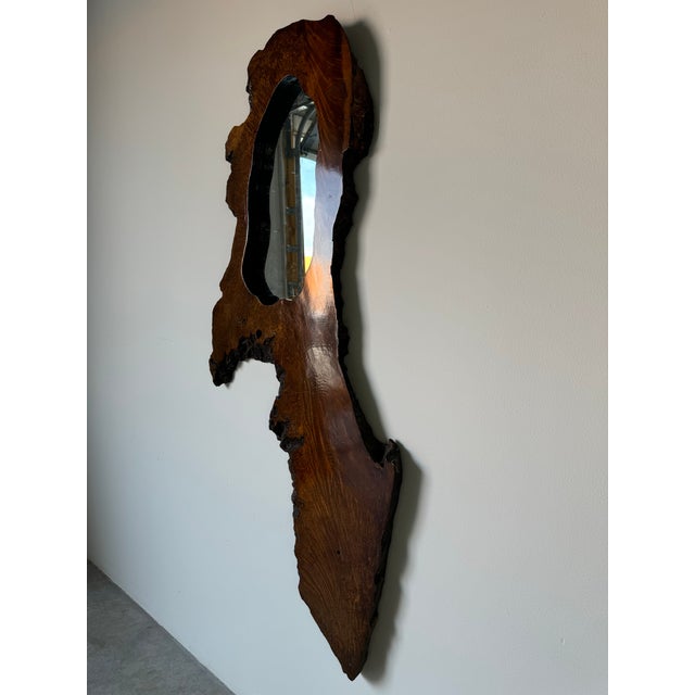 70's Vintage Brutalist Organic Modern Sculpted Burl Wood Wall Mirror For Sale - Image 11 of 12
