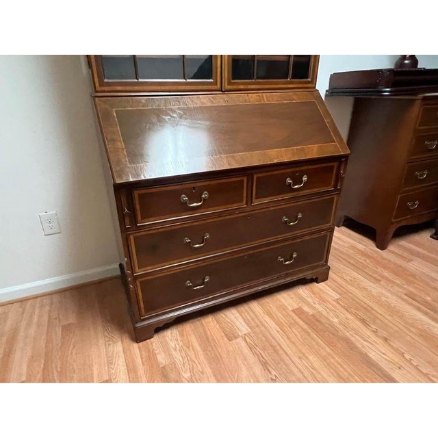 George III Style Satinwood Inlaid Mahogany Secretary Desk with Key Dovetail joint construction Circa 19th century for...