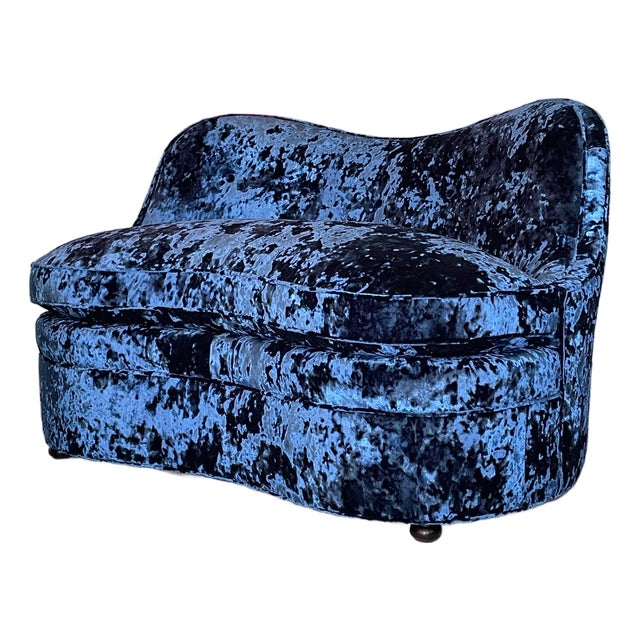 1950s Stunning Sapphire Blue Crushed Velvet Kidney Loveseat - Two Available For Sale