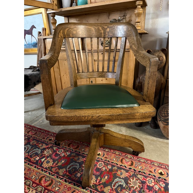 Early 20th Century Antique Oak Bankers Chair With Hunters Green Seat For Sale - Image 5 of 12