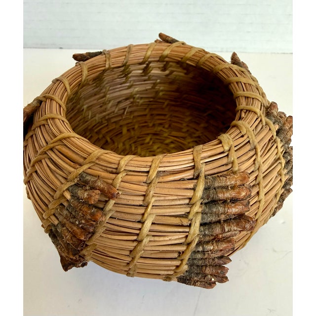 Native American Folk Art Handwoven Pine Needle Trinket Basket With Turquoise Accent For Sale In Los Angeles - Image 6 of 7