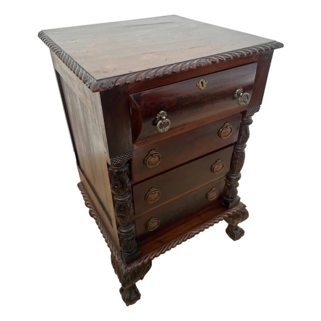 Antique English Victorian Large Nightstand Chest of Drawers Carved Mahogany For Sale