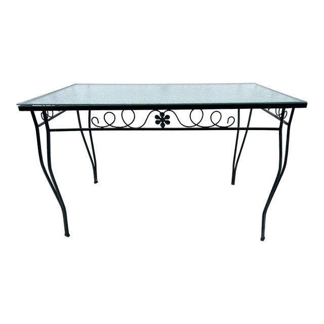 70's Midcentury Black Wrought Iron Outdoor Glass Top Table For Sale