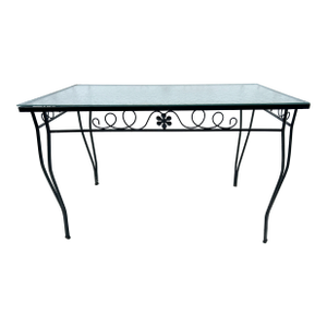 70's Midcentury Black Wrought Iron Outdoor Glass Top Table