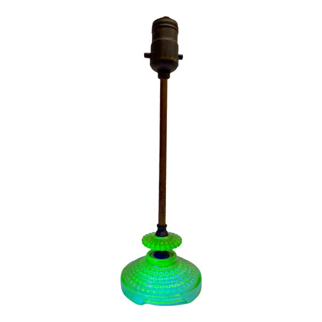 Antique Brass Green Blacklight Glowing Vaseline Glass Electric Table Lamp For Sale