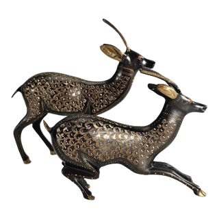 Pair of Etched Brass Bronze Deer Figurines For Sale