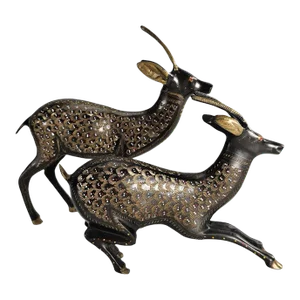 Pair of Etched Brass Bronze Deer Figurines
