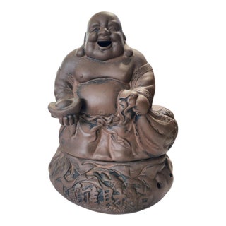 Ceramic Incense Burner W/Standing Laughing /Wealth Buddha 7.25 H For Sale