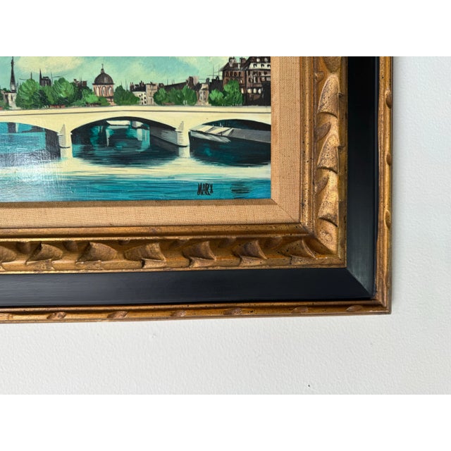 Blue Vintage Marx Parisian River Landscape Scene Oil Painting, Framed For Sale - Image 8 of 11