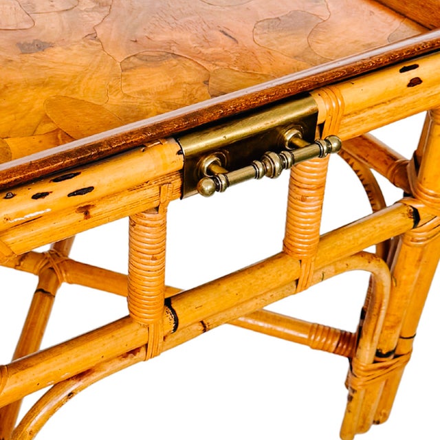 Wood 1970s Italian Burnt Bamboo End Table With Brass Handles & Oyster Burl Tray For Sale - Image 7 of 12