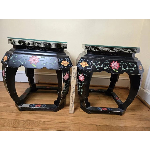 Pair of Vintage Chinese Black Lacquer Hand-Painted Stools or Side Tables For Sale - Image 12 of 12