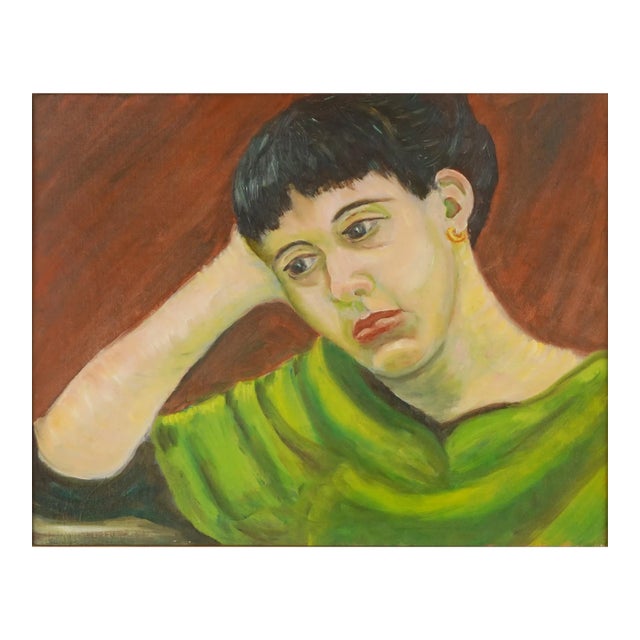 Mid Century Modern Portrait of Woman in Green Dress Original Oil Painting by Genevieve Rogers For Sale