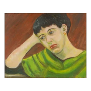 Mid Century Modern Portrait of Woman in Green Dress Original Oil Painting by Genevieve Rogers